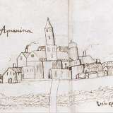 In alto spicca Acquaviva delle Fonti, disegnata in collina con numerose abitazioni a ridosso delle mura e al centro l�alto campanile...
